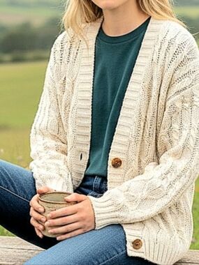 Casual Corner Cableknit Cardigan Sweater Breathable Ramie Cotton Sz M Classic